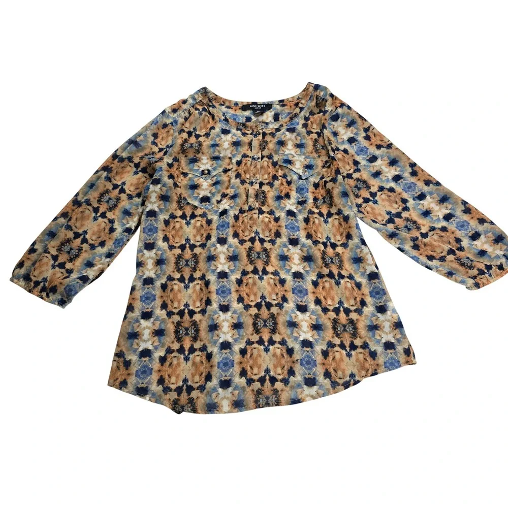 Nine West Jeans Blouse Women Small‎ Blue Tan Abstract Geometric 3/4 Sleeve